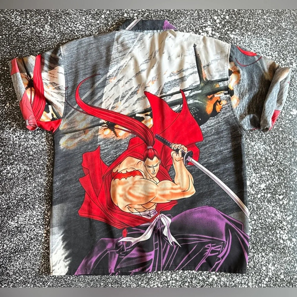 Vintage 90s Y2K AOP Anime Samurai Warrior Button Up Size Large NOS (Never Worn) - Picture 2 of 3